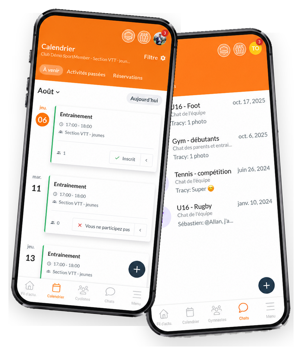 L'appli SportMember sur deux téléphones : calendrier et messagerie d'équipe